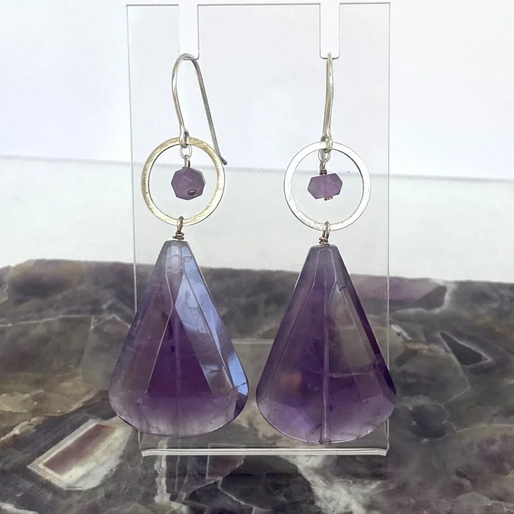 Deb Guyot Sterling Silver 925 Chunky Faceted Teardrop Amethyst Dangle Earrings